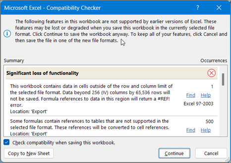 Utilizarea Găsire pentru a remedia problemele cu compatibilitatea foilor Excel