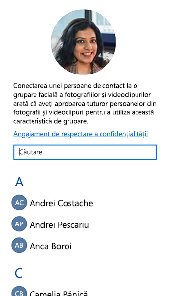 Captură de ecran a listei pe care o puteți utiliza pentru a lega persoanele de contact la grupări faciale.