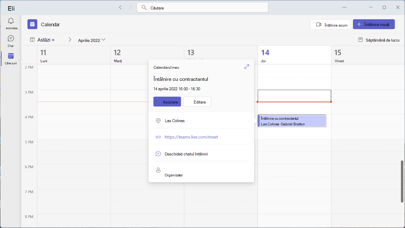 Calendarul Outlook afișând fereastra de întâlnire a calendarului.