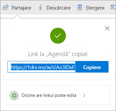 Confirmarea copierii linkului când se partajează fișierele prin intermediul linkului din OneDrive