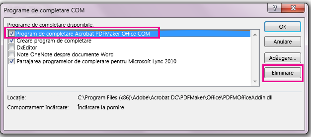 Bifați caseta de selectare pentru Acrobat PDFMaker Office COM program de completare și faceți clic pe Eliminare.