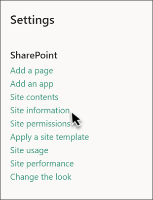 Captură de ecran a setărilor SharePoint cu informațiile de site selectate