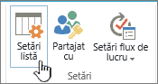 List Setări on ribbon