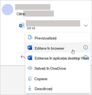 Captură de ecran afișând lista verticală atașare cu Editare în browser selectată