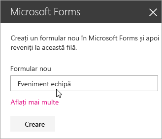 Panoul părții web Microsoft Forms pentru un formular nou.