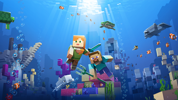 Ilustrație cu o lume Minecraft subacvatică