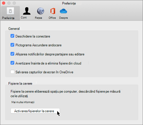 Captură de ecran cu Preferințe în Mac pentru OneDrive Fișiere la cerere