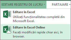 Editare în Excel Online din meniul Editare registru de lucru