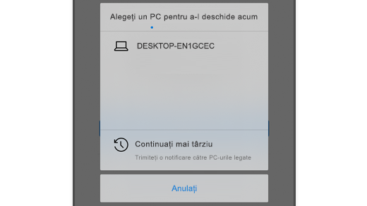 Captură de ecran afișând Alegeți un PC din Microsoft Edge pe iOS, astfel încât utilizatorul să poată deschide pagina web pe computerul său.