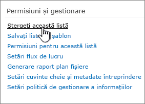 Ștergeți această listă de sub permisiuni și gestionare