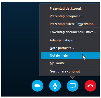 Captură de ecran cu modul în care se partajează notele OneNote 2016 în Skype pentru business.