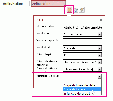 Selectarea unei vizualizări popup pentru un control de tip Completare automată.