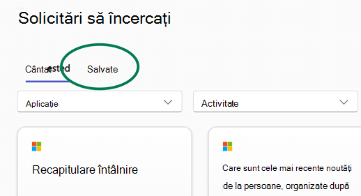 Biblioteca de solicitări Copilot Lab având evidențiată fila Solicitări salvate.