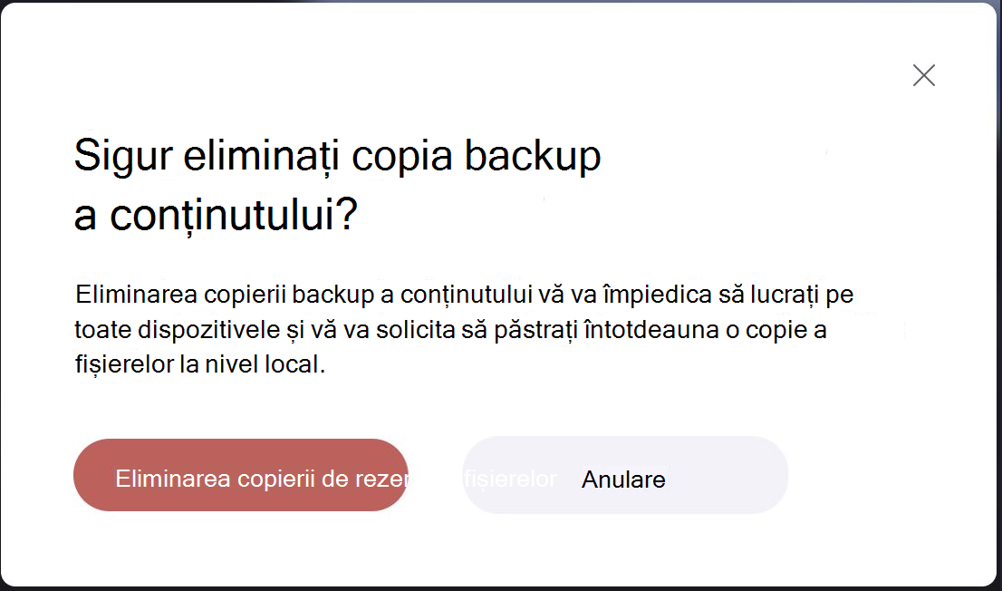 Imagine cu dialogul permisiunilor pentru dezactivarea copierii backup a conținutului Clipchamp