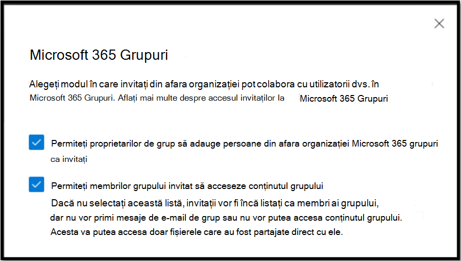 alegeți modul în care invitatul din afara organizației poate colabora cu utilizatorii în grupurile Microsoft 365