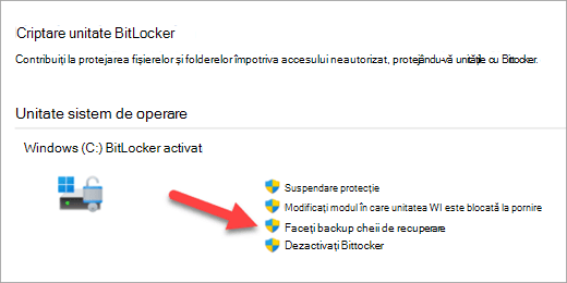 Aplicația Gestionare criptare BitLocker cu o săgeată indicând opțiunea de a face backup cheii de recuperare BitLocker.