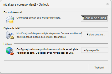 Inițializare corespondență - caseta de dialog Outlook care este accesată prin setările de corespondență în Panou de control.