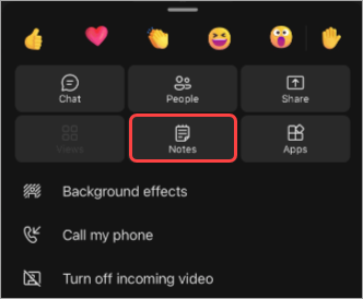 Captură de ecran care arată cum să accesați notele în timpul unei întâlniri Teams mobile
