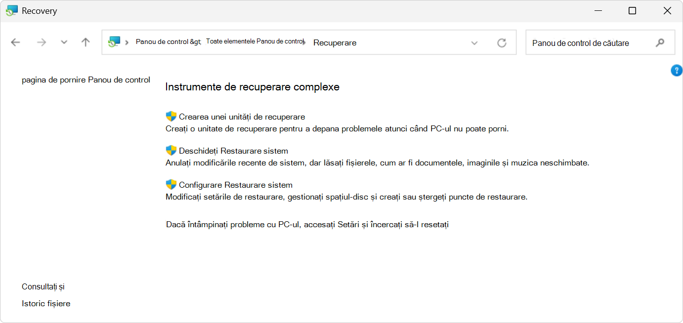 Captură de ecran cu opțiunile de recuperare din Panou de control.