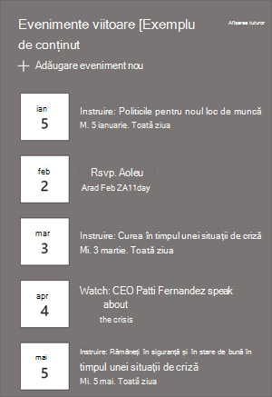 Partea web evenimente cu listări de evenimente și date.