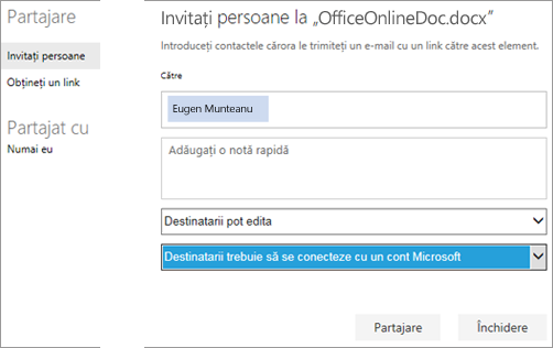Captură de ecran a casetei de dialog Partajare care afișează opțiunea „Destinatarii trebuie să se conecteze cu un cont Microsoft”