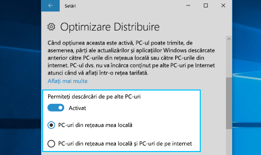 Setări pentru Optimizarea distribuirii în Windows 10