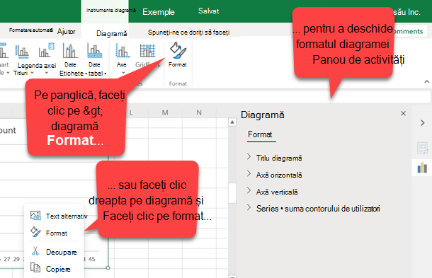 Excel pentru web fișier cu o diagramă, afișând fila Diagramă cu o bulă de text indicând spre butonul Format, o bulă de text indicând spre comanda Format din meniul contextual al diagramei și o bulă de text indicând spre panoul de activități Format diagramă.