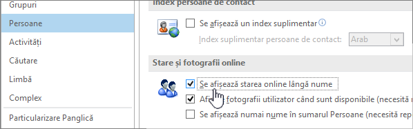 fila Persoane din caseta de dialog Opțiuni, cu afișarea stării online evidențiată