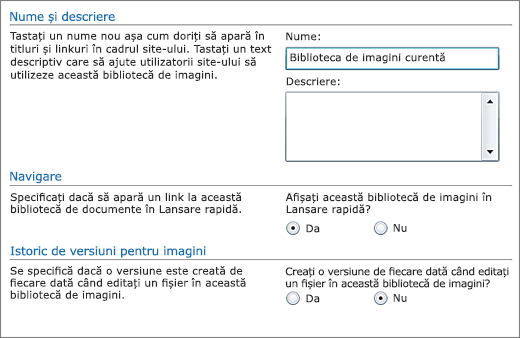 Casetă de dialog pentru a adăuga nume, diagramă, navigare rapidă la lansare și versiuni.