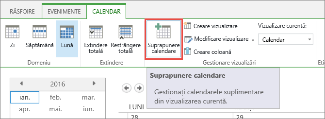 Butonul overaly calendar de pe panglică