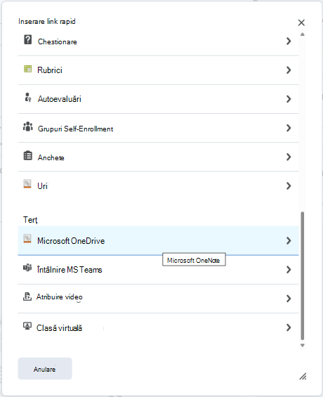 Atașați un fișier OneDrive la o temă utilizând meniul atașare Quicklink pentru atribuirea Brightspace.