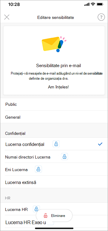 Captură de ecran a etichetelor de confidențialitate în Outlook pentru iOS