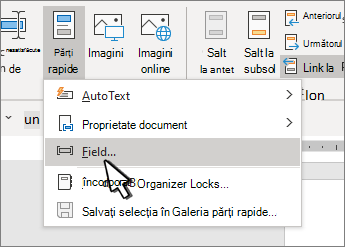 QuickParts menu with Fields highlighted