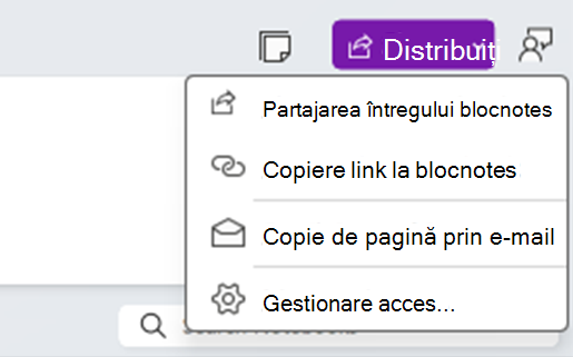 Meniul Partajare OneNote cu patru opțiuni din care utilizatorul poate alege:
1. Partajarea întregului blocnotes
2. Copiere link la blocnotes
3. Copie prin e-mail a paginii
4. Gestionați accesul...