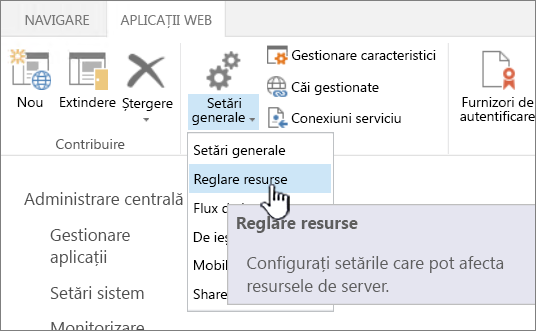 Administrare centrală cu opțiunea Reglare resurse selectată.