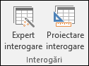 Grupul Interogări din panglica Access afișează două opțiuni: Expert interogare și Proiectare interogare