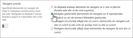 Secțiunea navigare curentă cu navigarea gestionată selectată