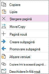Opțiunea Ștergere pagină evidențiată în meniul contextual de pagină din OneNote pentru Windows 10.