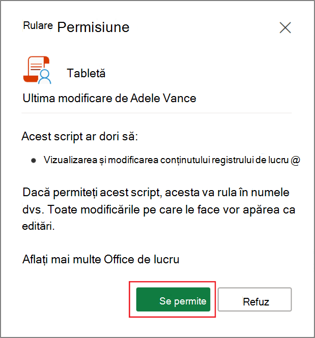 Run Permission dialog box for an Office script in Excel