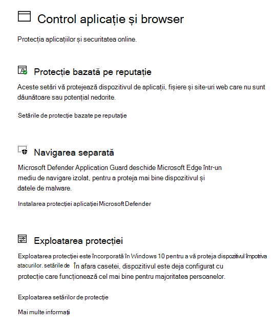 Controlul aplicațiilor și browserului în Securitate Windows