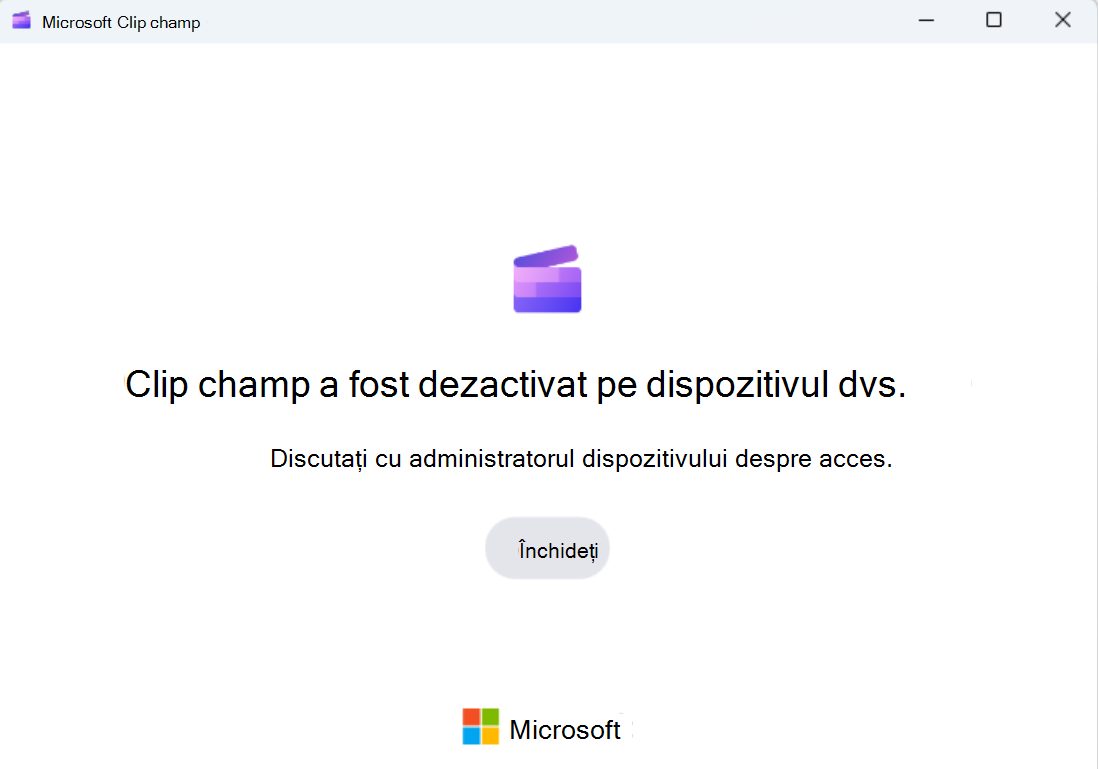 Utilizatorii aplicației Clipchamp pentru Windows văd acest ecran dacă accesul este blocat