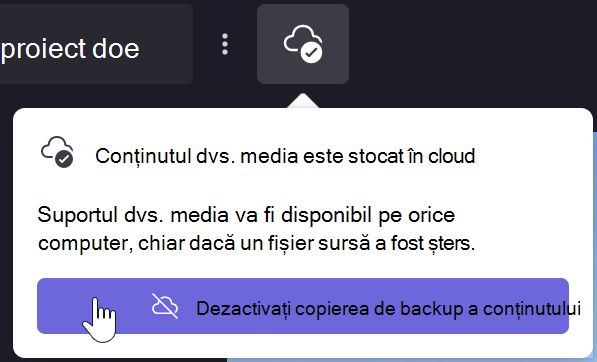 O imagine cu notificarea Clipchamp pentru a elimina copierea backup a fișierelor