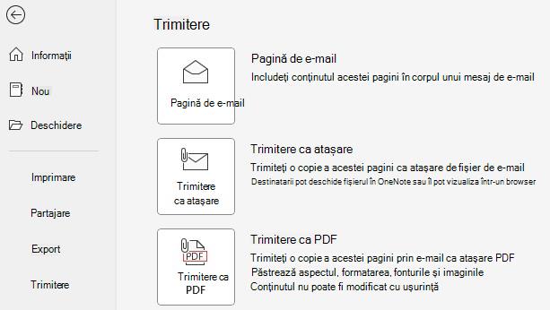 Captură de ecran cu butoanele Trimitere ca atașare și Trimitere ca PDF.