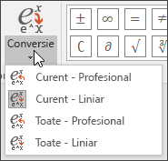 Imagine a meniului Conversie afișând opțiunea de formatare a opțiunilor pentru conversia ecuației.