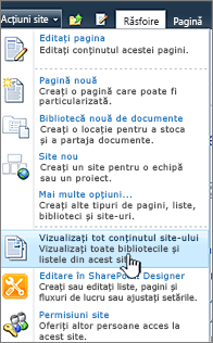 Vizualizarea tuturor conținutului site-ului în meniul Acțiuni site