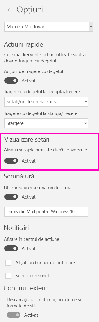 Dezactivarea vizualizării conversație din aplicația Mail pentru Windows 10