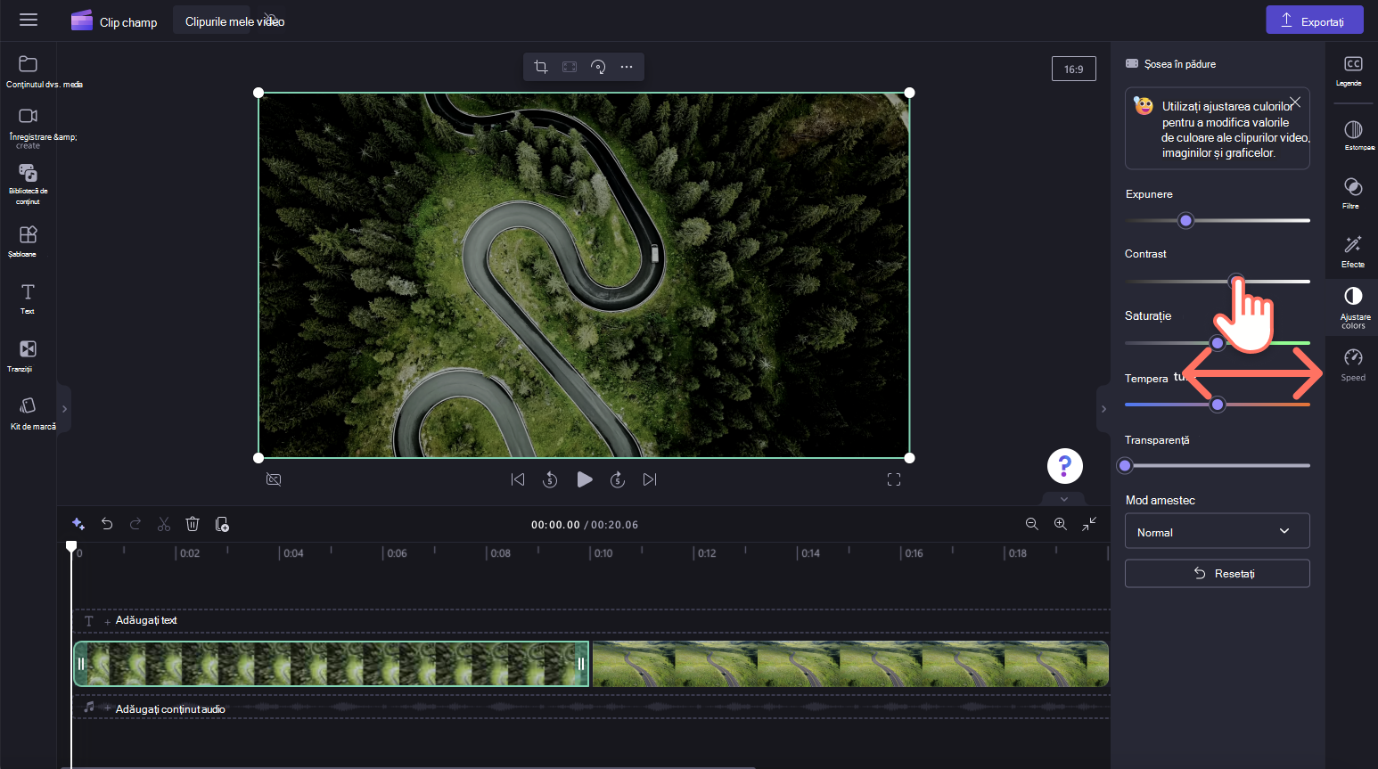 O imagine a unui utilizator care editează culoarea unui videoclip utilizând glisorul.