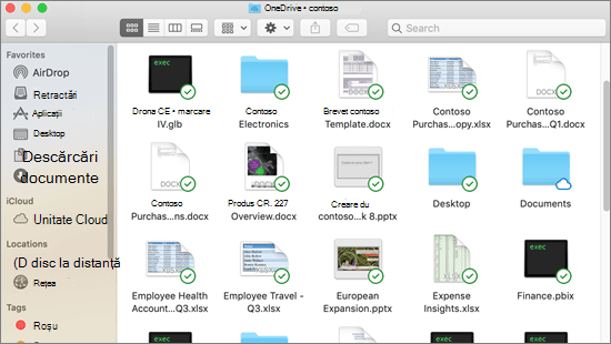 Captură de ecran cu integrarea Finder pe Mac, cu suprapuneri de sincronizare pentru fișierele sincronizate