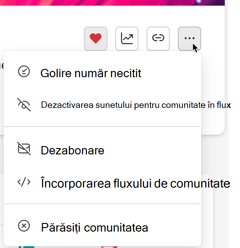 Captura de ecran afișează opțiunea Fără sunet în meniul puncte de suspensie de pe pagina de comunitate.