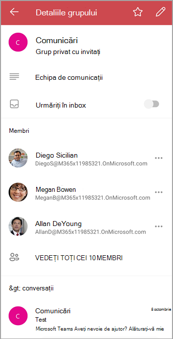 Ecranul cu detaliile grupului afișează membrii, fișierele și are un comutator pentru a urmări sau a anula urmărirea mesajelor de e-mail ale grupului în inboxul personal.